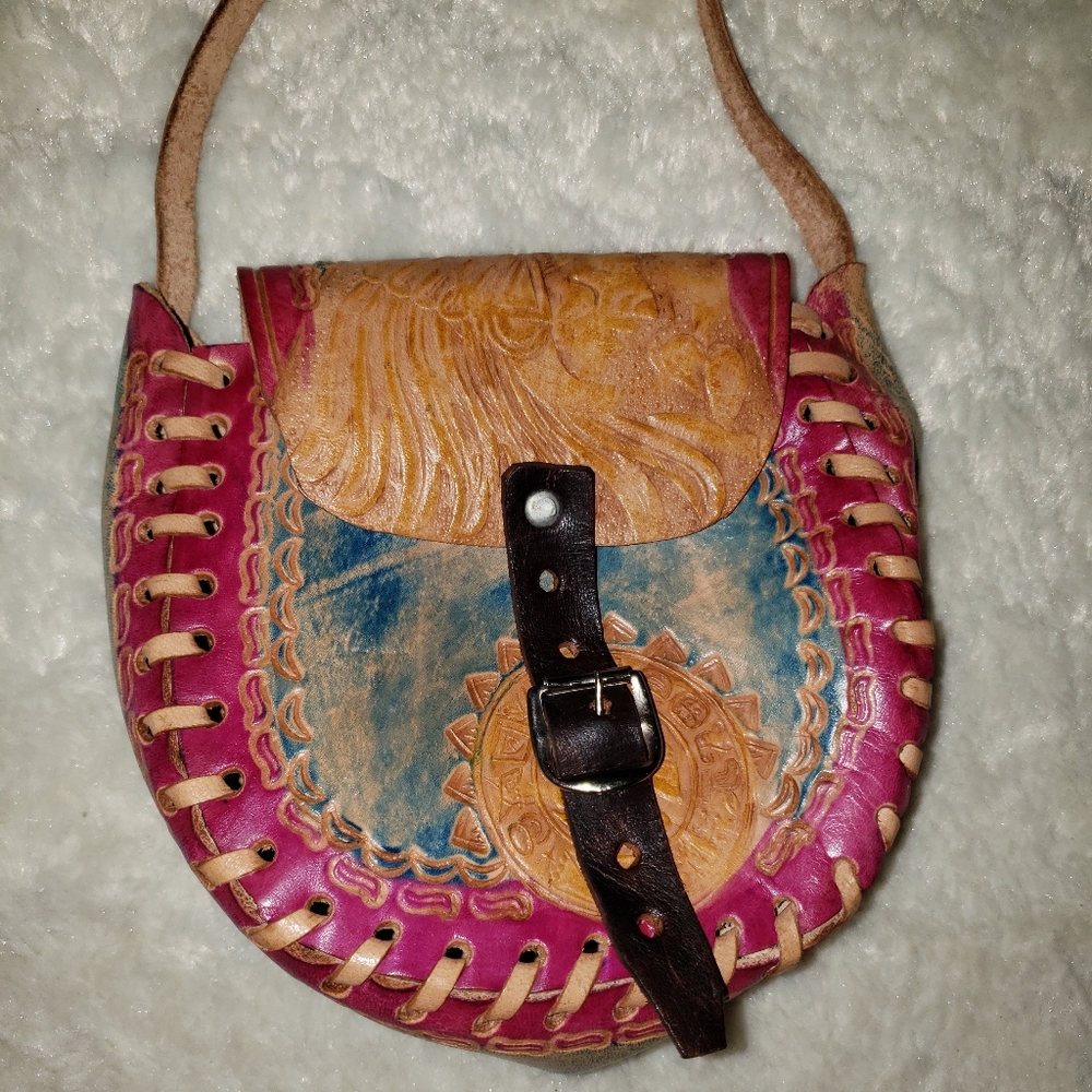 Hand Carved Leather Tooled Painted Childs Purse